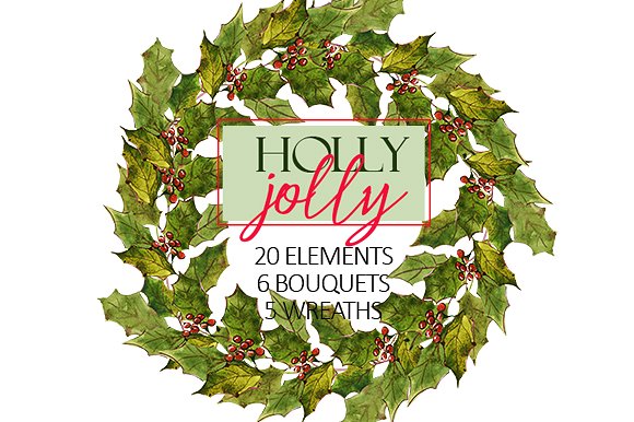 圣诞水彩剪辑集（一堆圣诞元素） Holly Steams Christmas Watercolors插图5