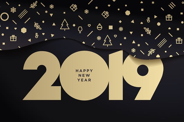 2019年新年数字年会贺卡海报设计模板 Happy New Year 2019插图1