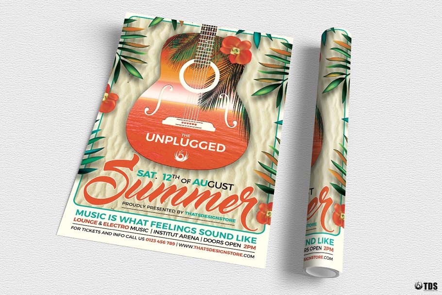 夏季电吉他独奏音乐表演宣传PSD模板V2 Summer Unplugged Flyer PSD V2插图(2)