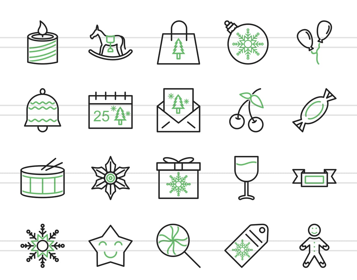 40枚圣诞节主题绿黑色矢量线性图标 40 Christmas Line Green & Black Icons插图(1)