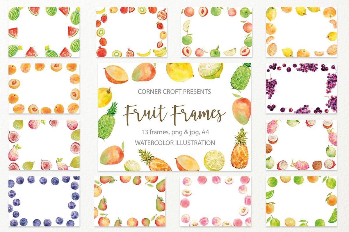 水果水彩手绘装饰框架插画素材 Watercolor fruit frame插图