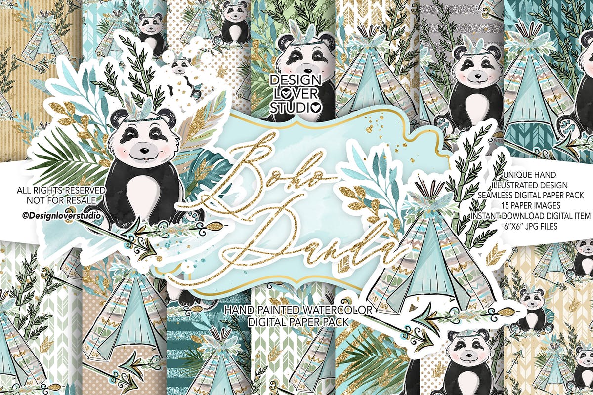 波西米亚风格熊猫无缝图案设计素材 Boho Panda digital paper pack插图