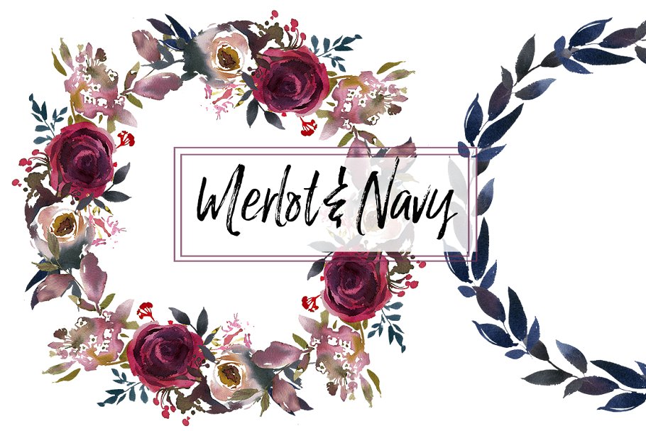梅洛红&海军蓝水彩花卉设计素材包 Merlot & Navy Boho Floral Design Kit插图(3)