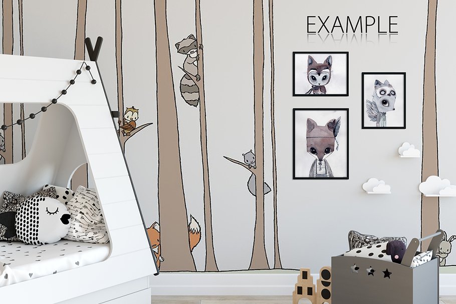 儿童卧室书房墙纸&相框样机 KIDS Interior WALL & FRAMES Mockup 3插图(11)