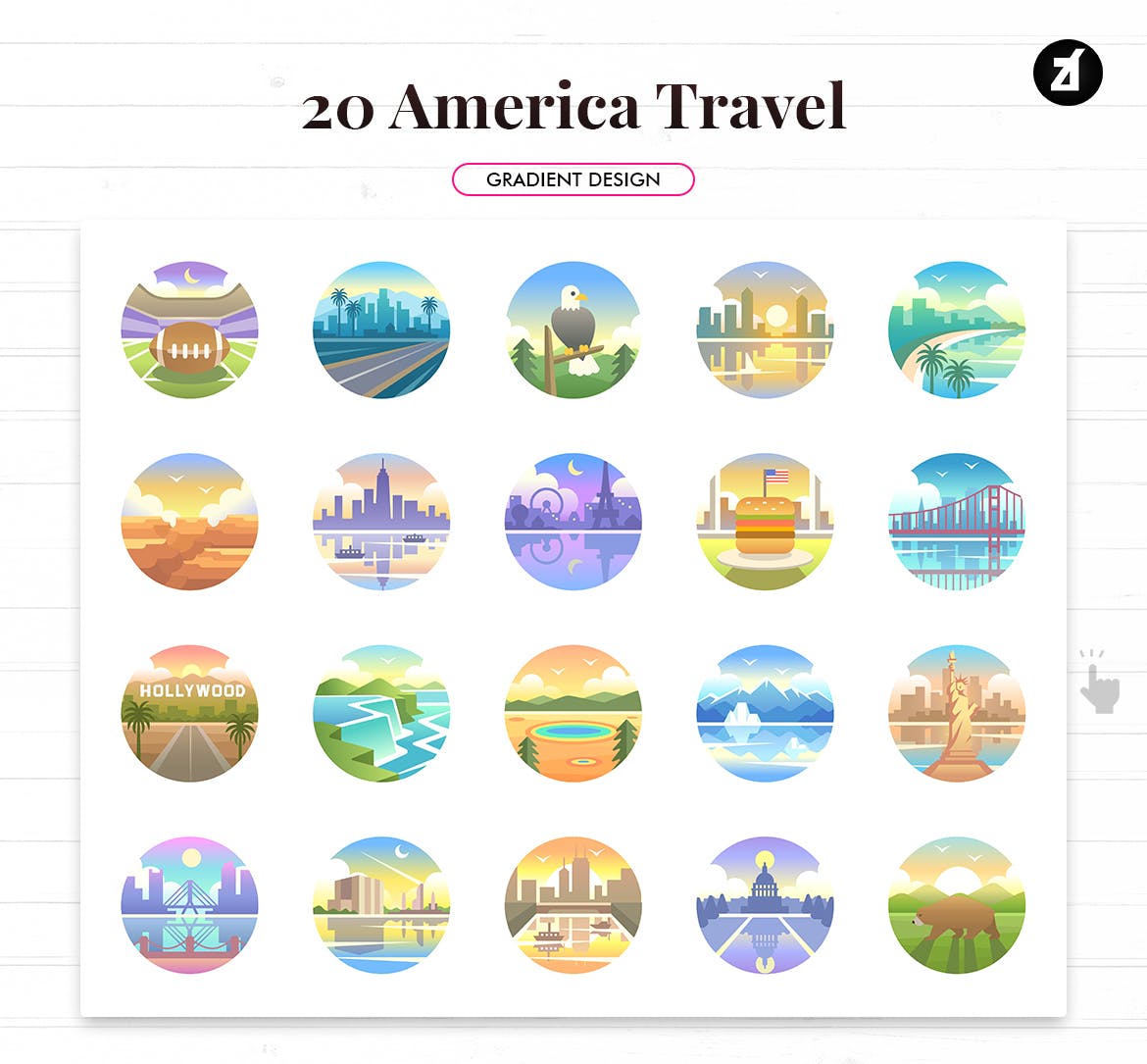 20枚美国旅游主题渐变色矢量圆形图标 20 America travel rounded gradient elements插图1