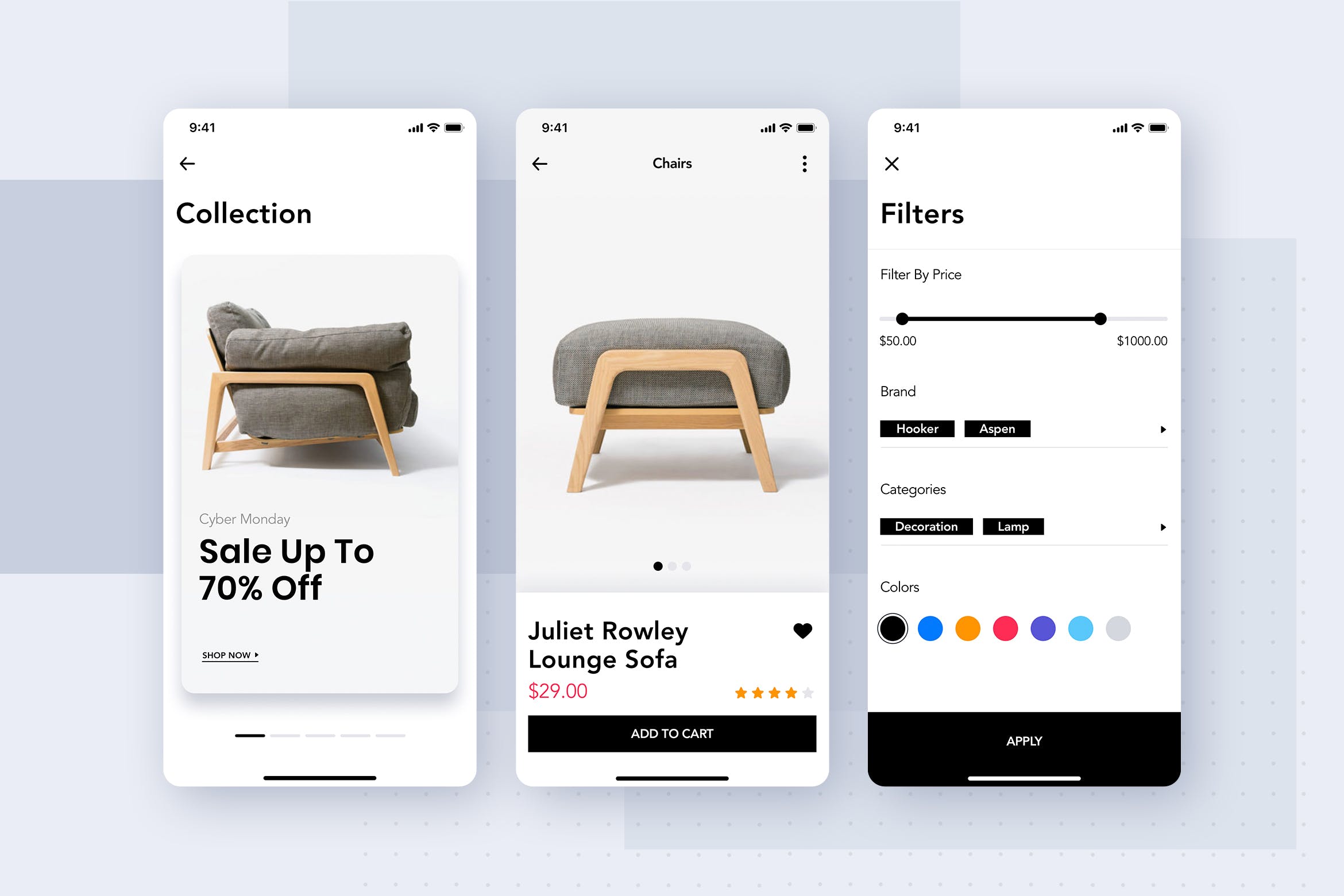 家具网上商城APP应用商品列表筛选交互界面模板 Furniture Shop Mobile App UI Concept插图