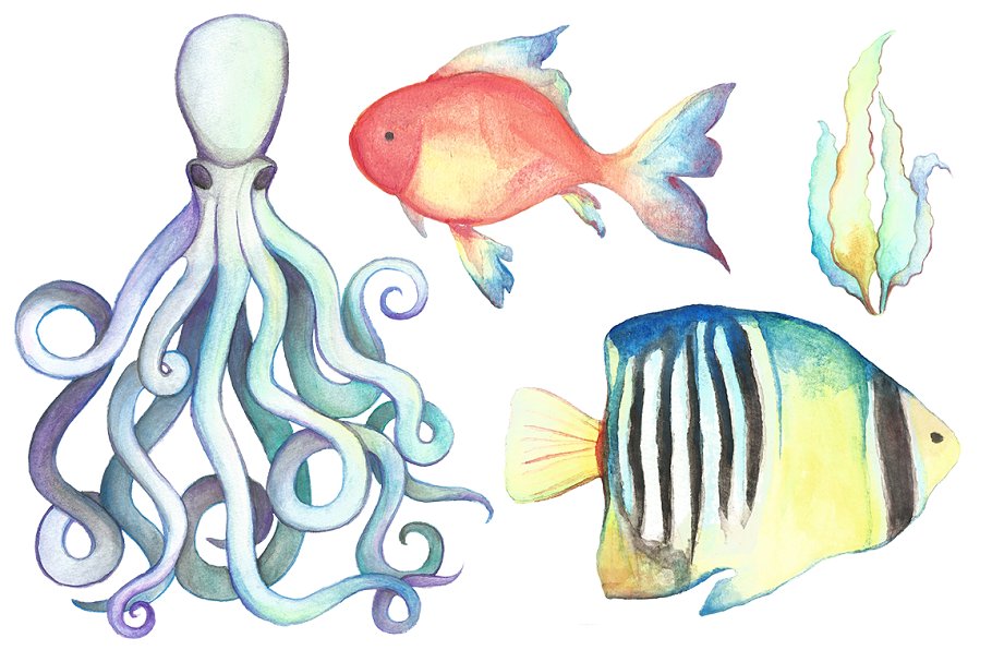 手绘水彩海洋生物设计元素 Watercolor Sea Life Clipart Bundle插图(2)