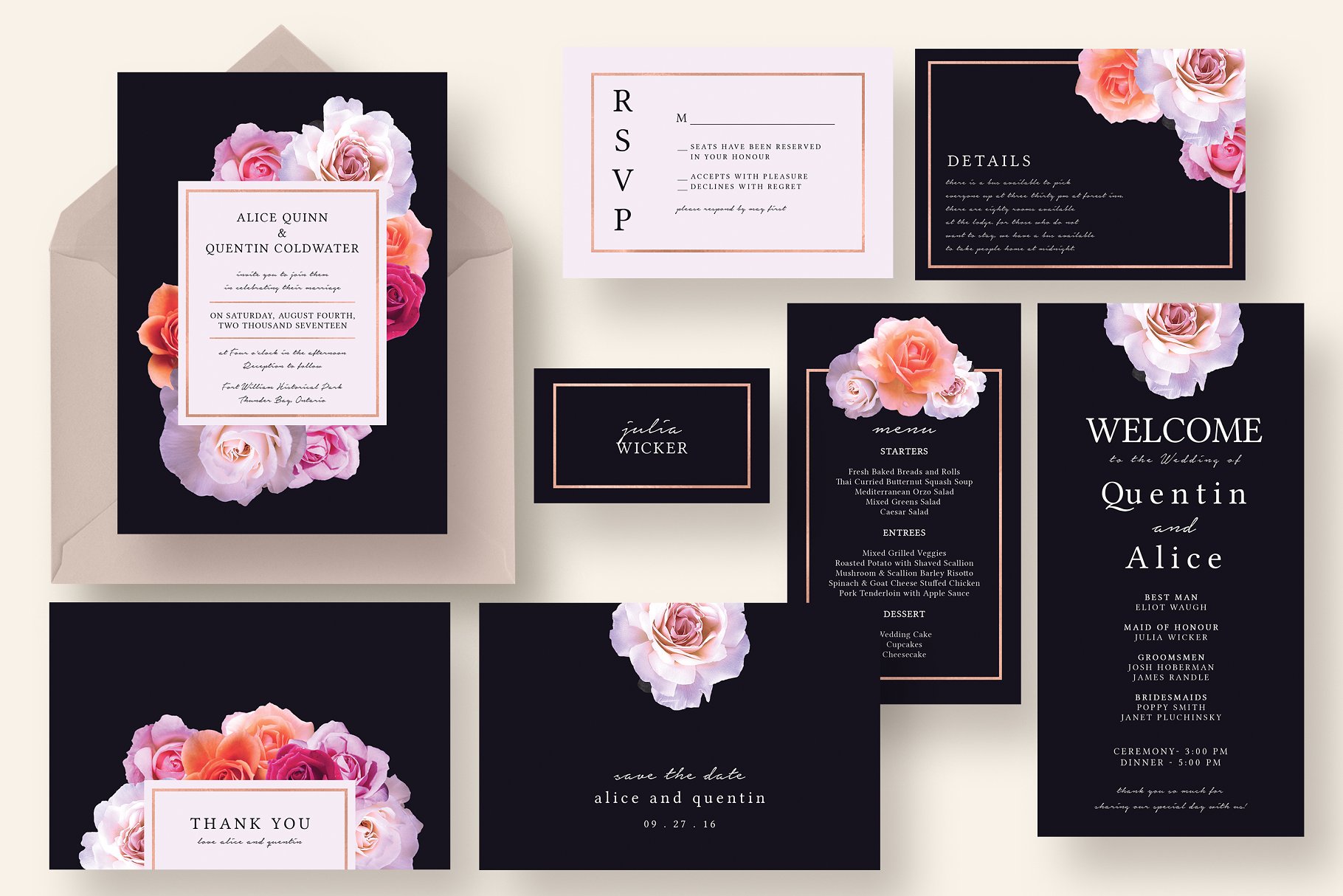 时尚暗色背景花卉婚礼请柬模板套装 Stylish Dark Floral Wedding Suite插图