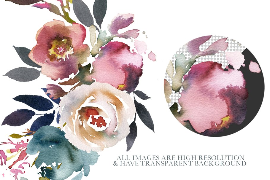 暗蓝色&薄雾玫瑰波希米亚式水彩花卉 Dusk Blue & Misty Rose Boho Flowers插图(11)