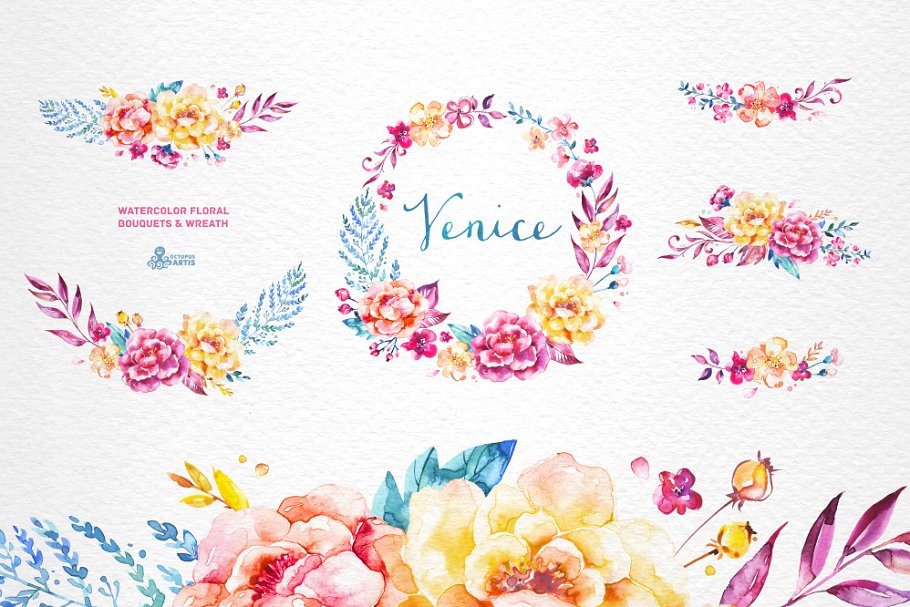 威尼斯水彩花卉设计素材收藏 Venice. Watercolor floral collection插图(3)