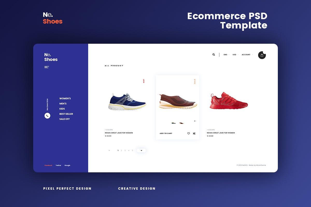 创意运动鞋品牌网站设计PSD模板 Ne.Shoes – Ecommerce PSD Template插图(1)