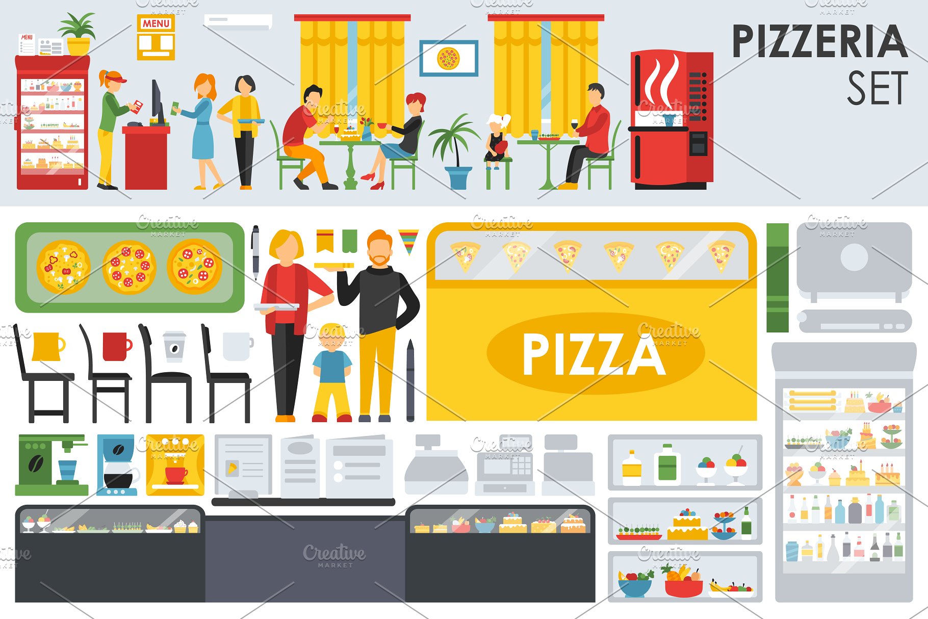 披萨店扁平设计风格设计元素 Pizzeria Flat Objects 9 collections插图