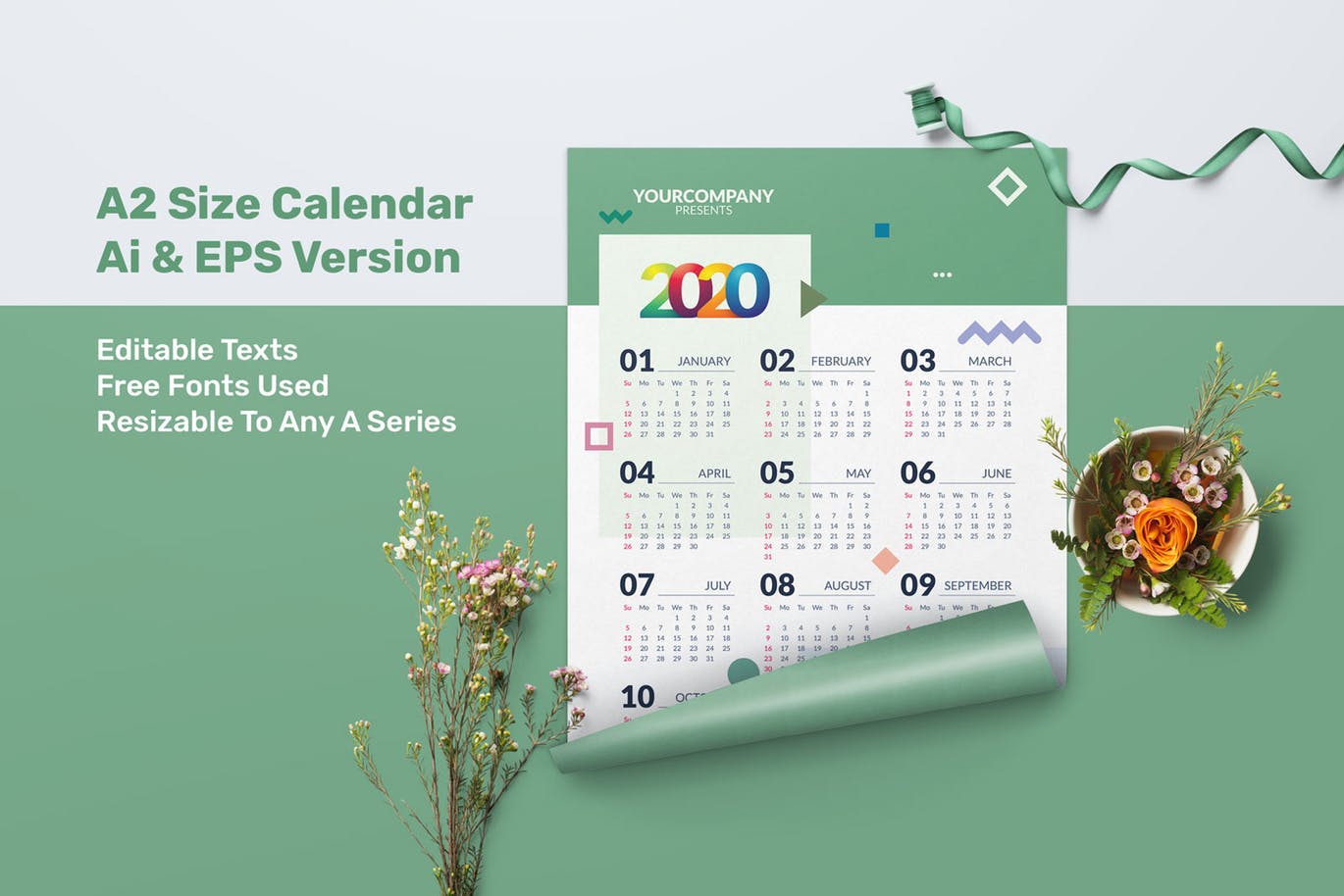 2020年简约设计风格年历表日历设计模板 Calendar插图(2)