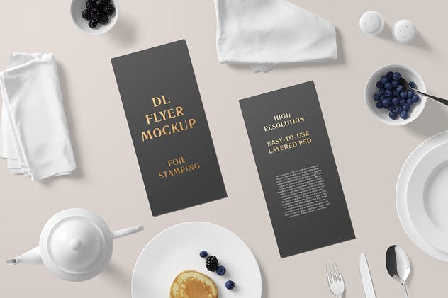 高端铝箔冲压工艺DL传单样机 DL Flyer With Foil Stamping Mockup – Breakfast Set插图(6)