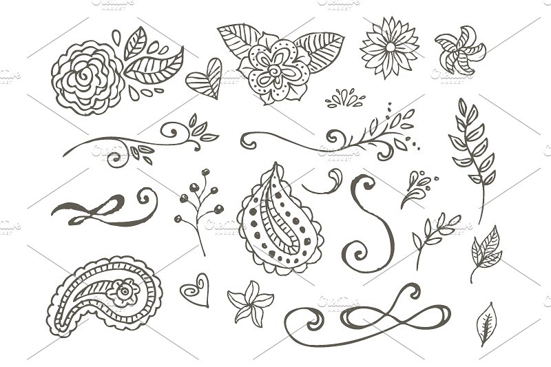 花朵叶子和花环简笔装饰素材 Spring Doodles插图1