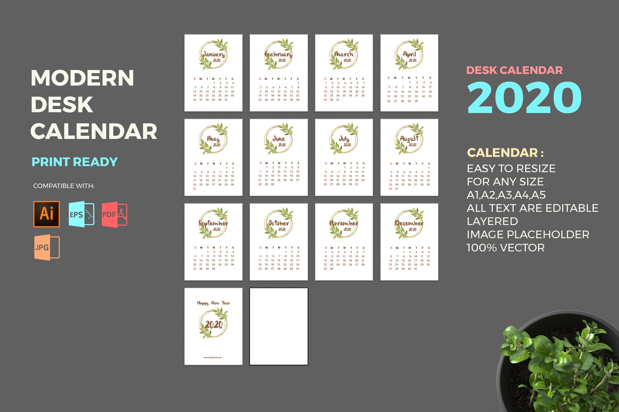 手绘花卉艺术2020年台历日历设计模板 Modern 2020 Desk Calendar Pro插图