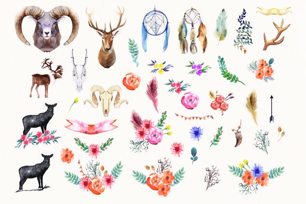 动物&花卉水彩元素插画套装 Watercolor Animals & Flowers插图2