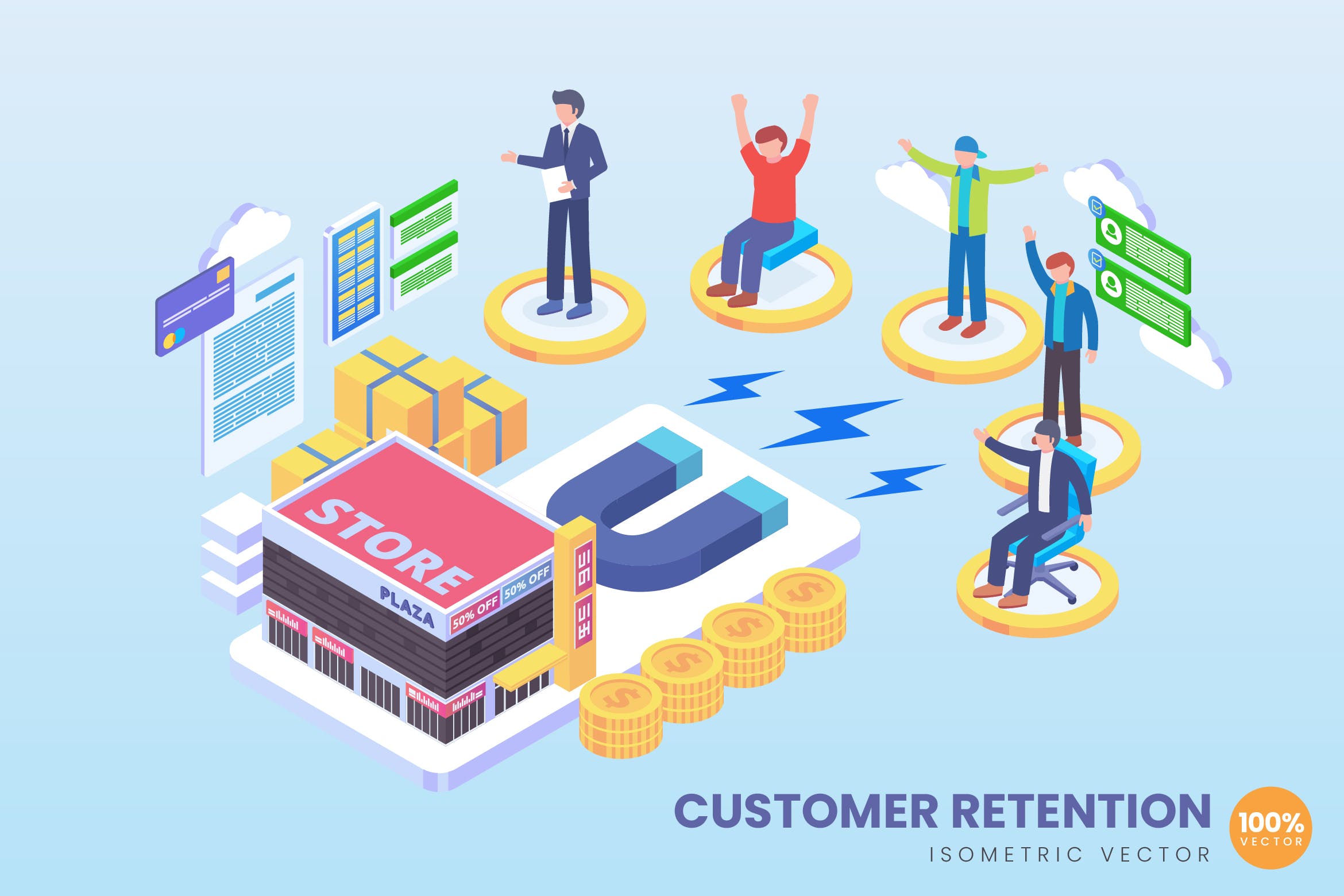 店铺顾客服务主题2.5D矢量等距概念插画 Isometric Customer Retention Vector Concept插图