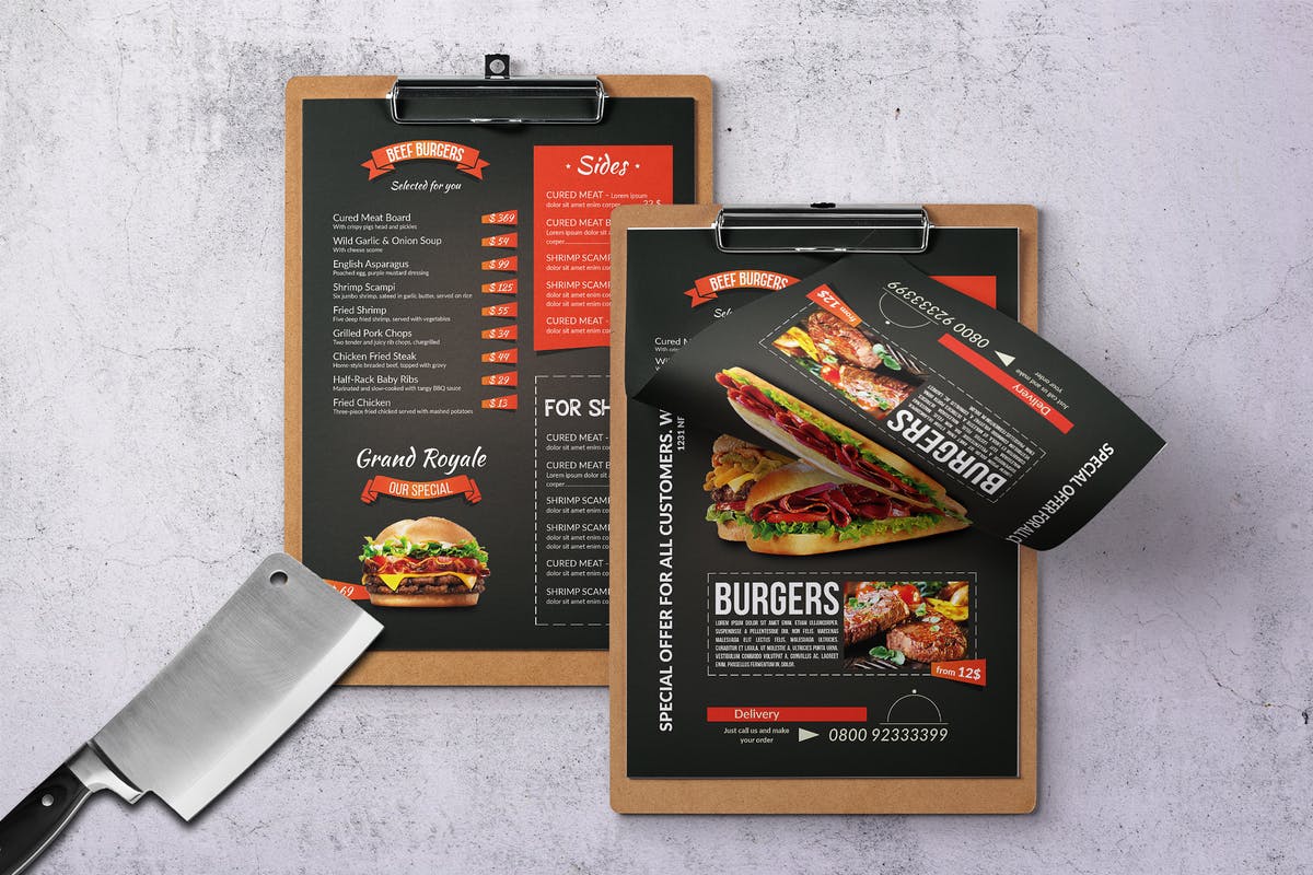 烧烤吧餐厅单页食物菜单设计模板 Grill BBQ Single Page Food Menu – A4 and US Letter插图