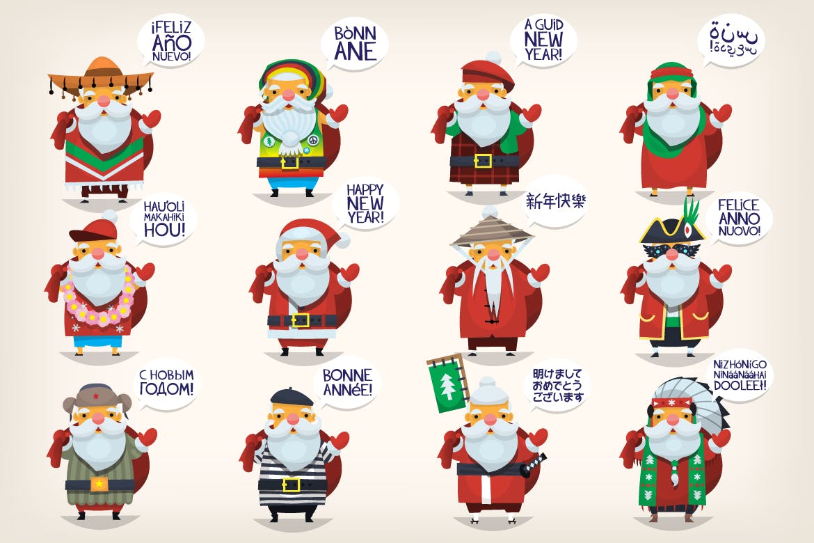 世界各地圣诞老人卡通形象设计矢量素材 Santas of the world插图