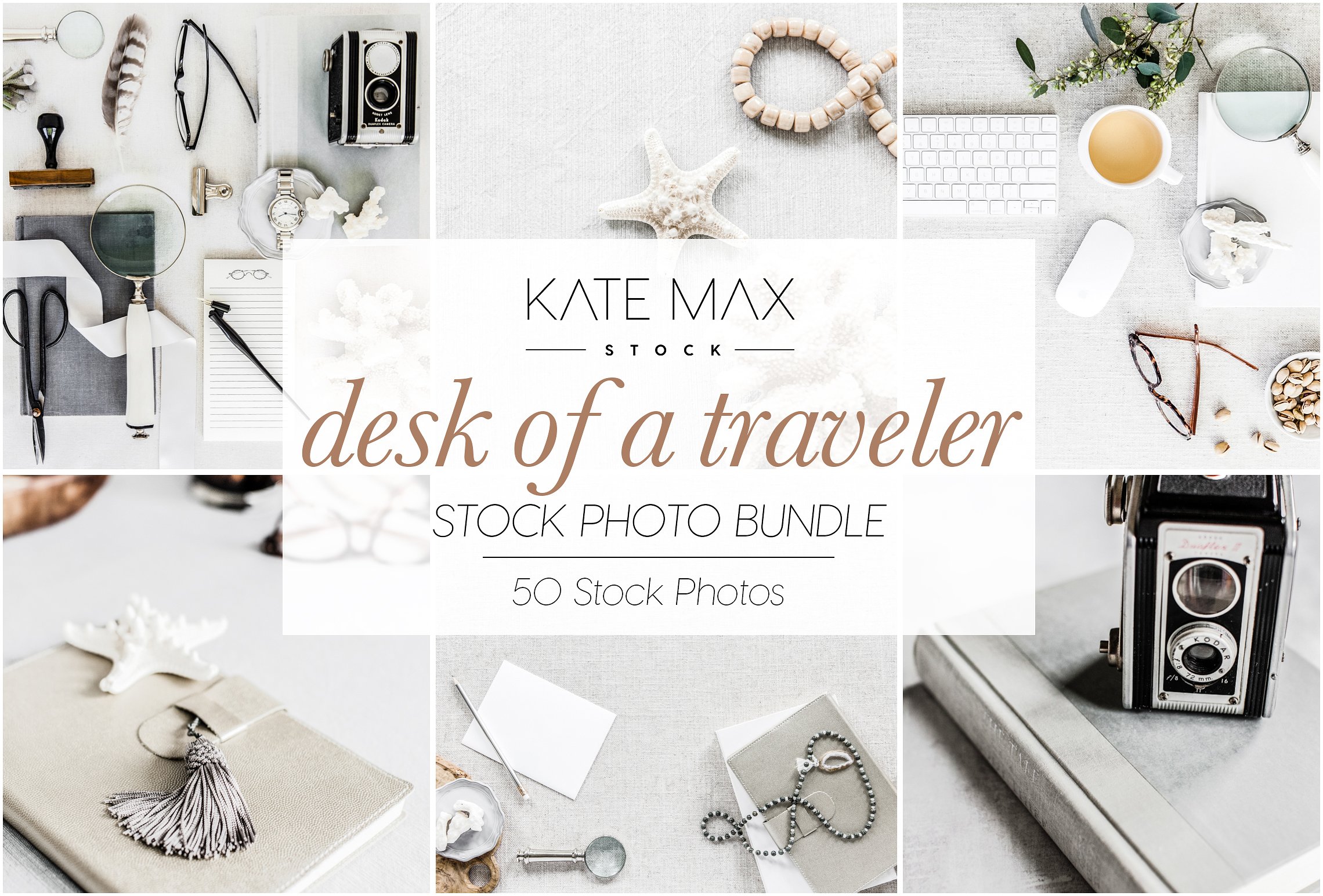 现代，干净和女性化品牌场景样机模板 Desk of a Traveler Stock Photo Bundl插图
