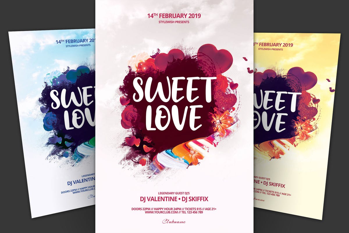 玫瑰花卉甜蜜情人节传单海报模板 Sweet Love Flyer插图