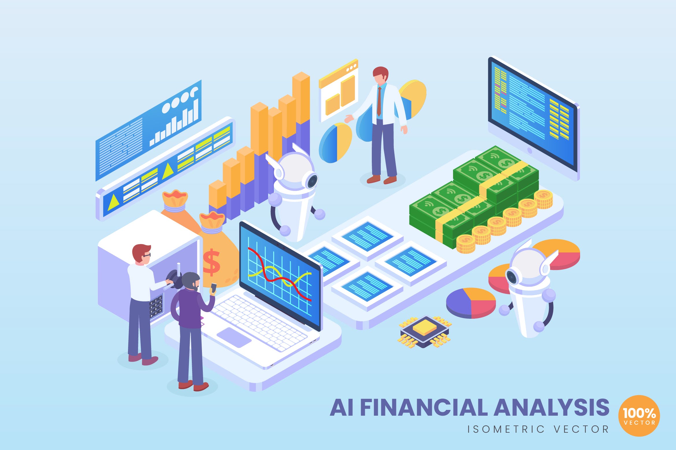 人工智能财务分析2.5D矢量等距概念插画 Isometric AI Financial Analysis Vector Concept插图