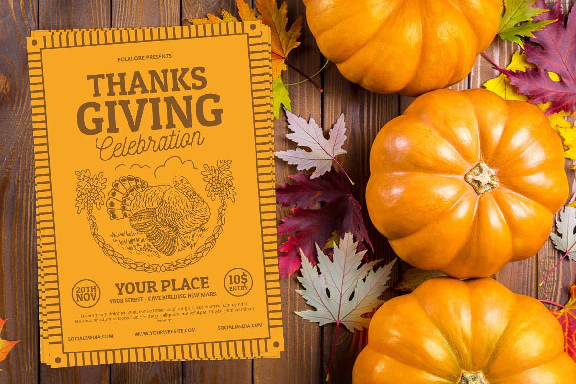 复古设计风格感恩节活动邀请海报设计模板 Vintage Thanksgiving Invitation插图(2)