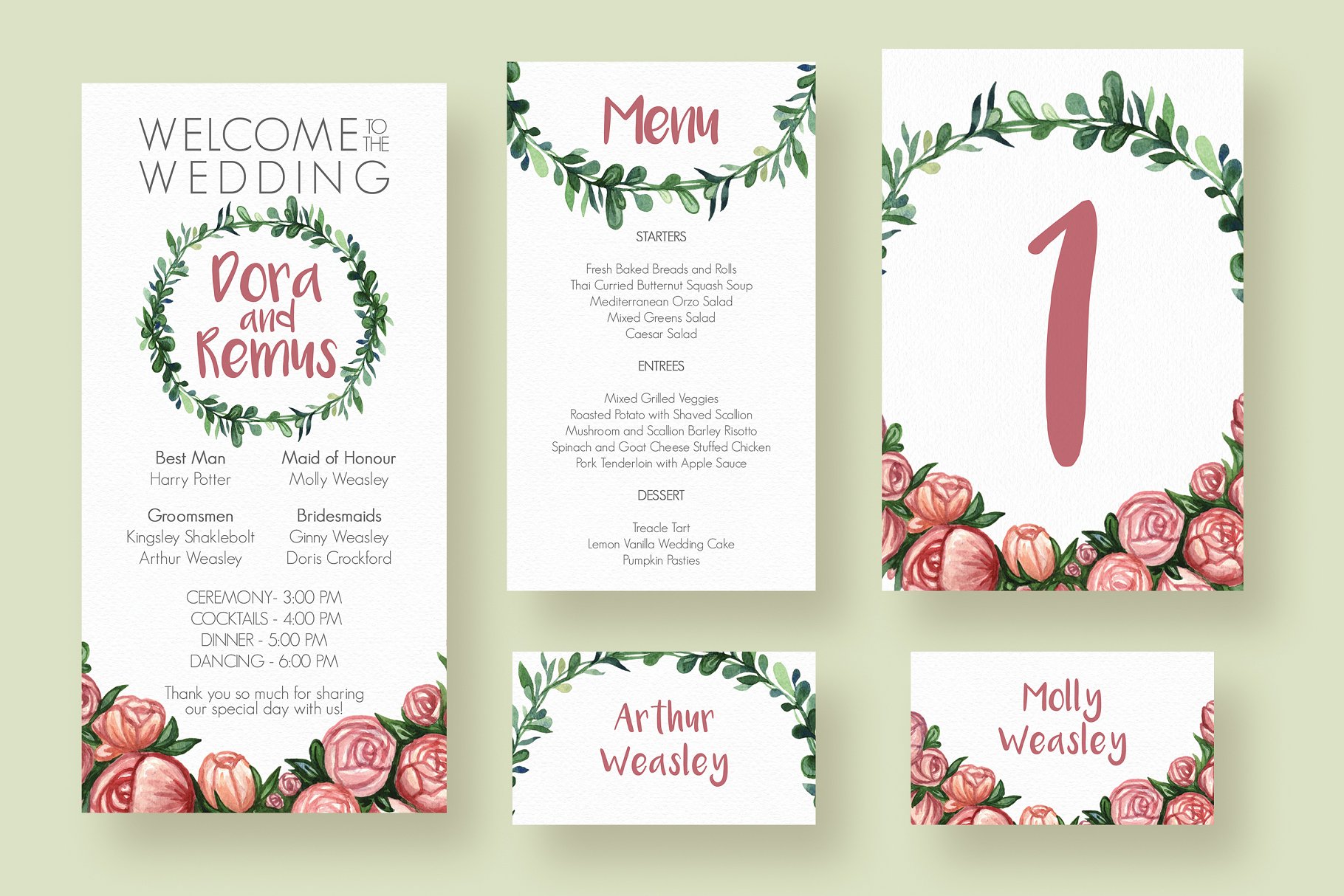 花卉元素婚礼邀请函模板设计套装 Flower Wreath Wedding Suite插图(2)
