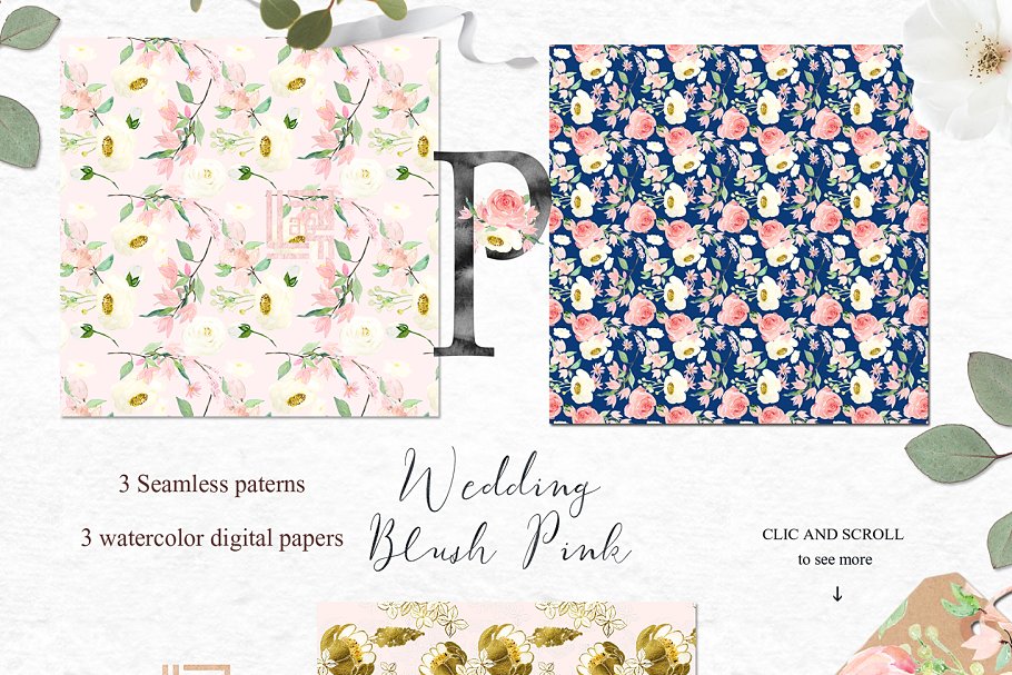 胭脂红水彩花卉元素，花环，花式字母… Blush pink bougainvillea插图15