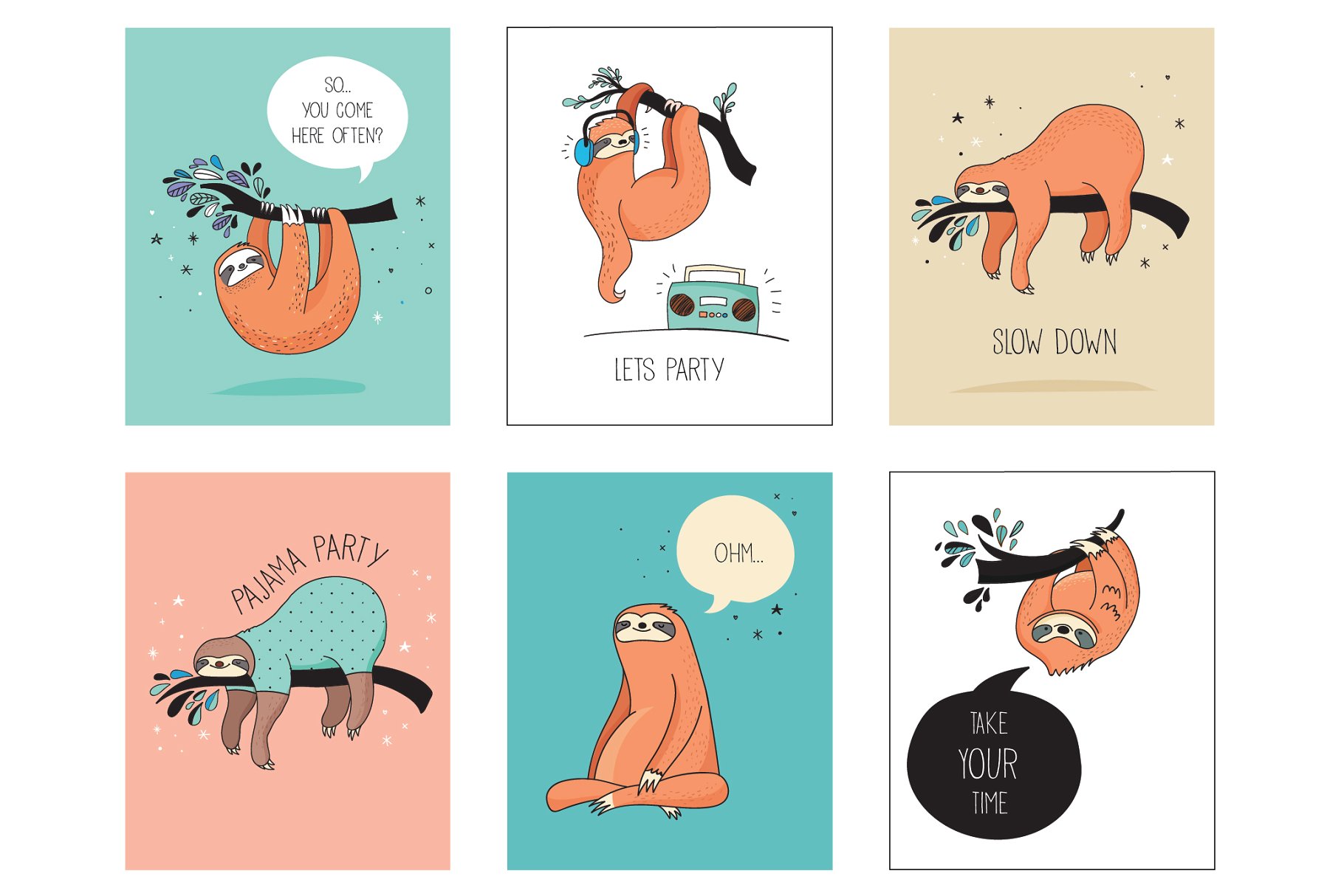 可爱的树懒图标、卡片、图案 Cute sloths icons, cards, patterns插图3