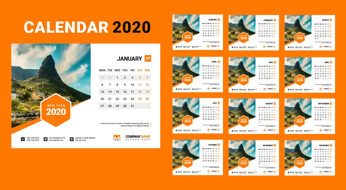 2020年企业定制设计日历表设计模板 2020 Desk Calendar Design插图(1)