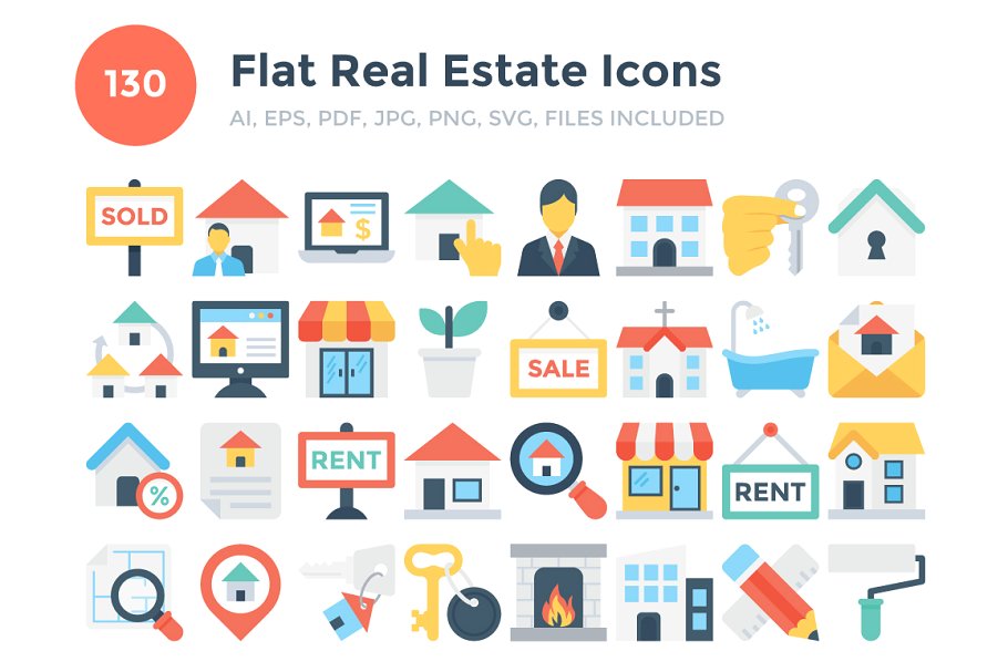 130个房地产租赁机构彩色扁平图标 130 Flat Real Estate Icons插图