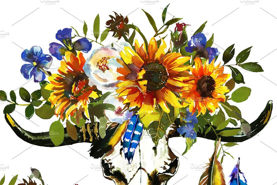 波希米亚风格向日葵亚麻花水彩剪贴画 Boho Sunflower Flax Flowers PNG插图7