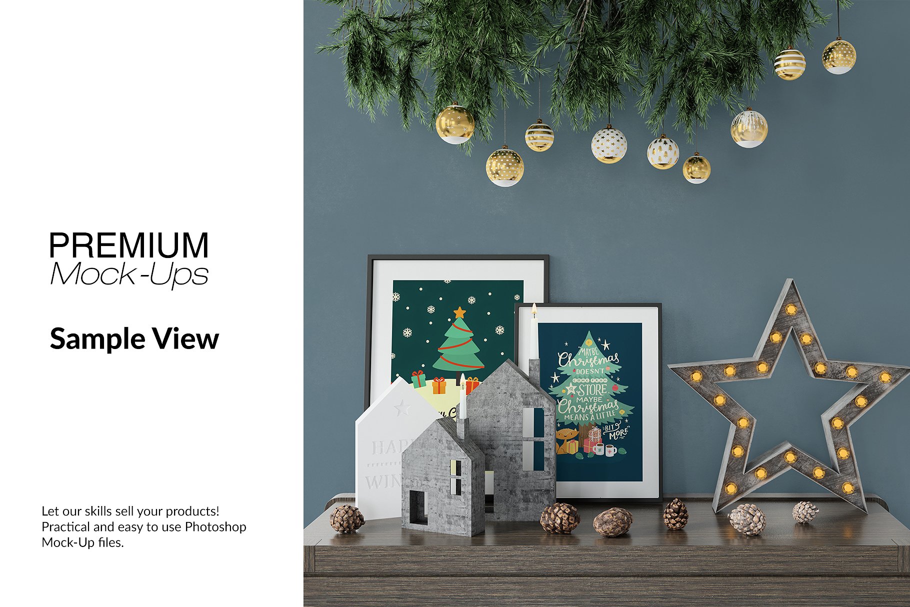 高品质的圣诞节画框框架和墙壁装饰展示样机 Christmas Frames & Wall Set [psd,jpg]插图(13)