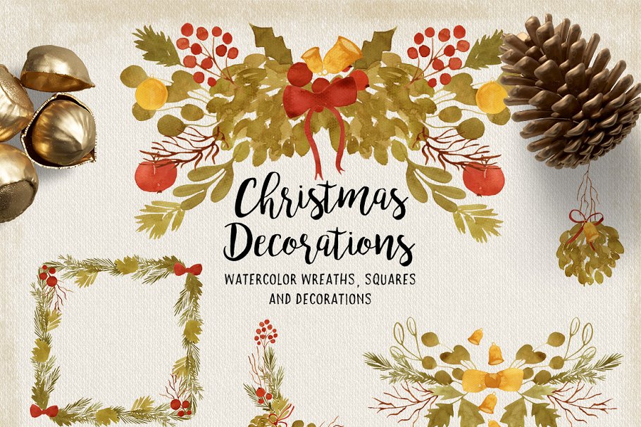 水彩画圣诞装饰品设计元素 Watercolor Christmas Decorations插图(1)