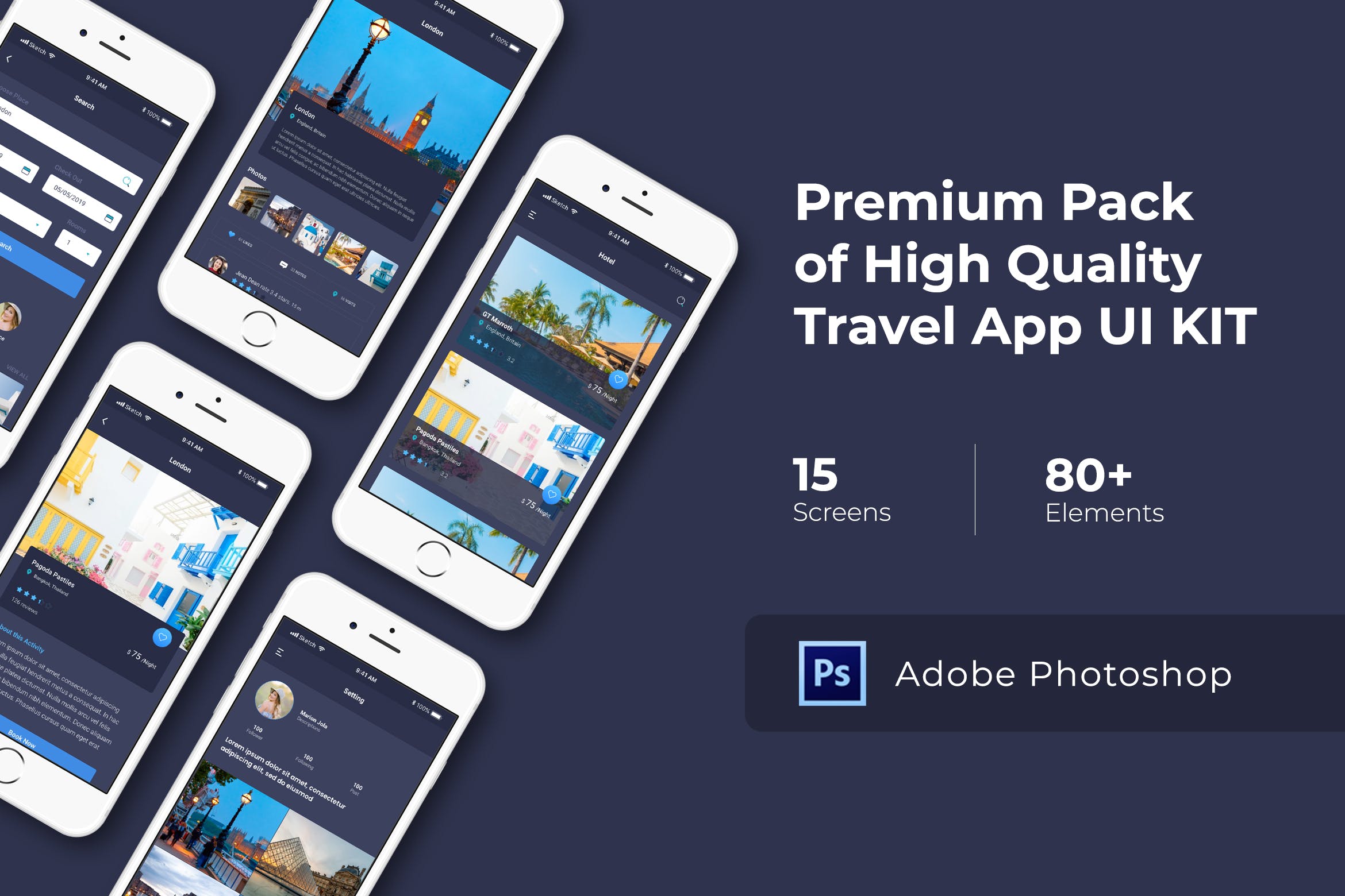 旅游出行APP应用界面设计PSD模板 Travel App UI KIT for Photoshop插图