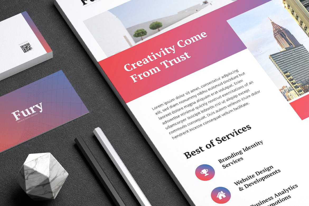 创意代理公司宣传单&企业名片设计模板 FURY Creative Agency Flyer & Business Card插图5