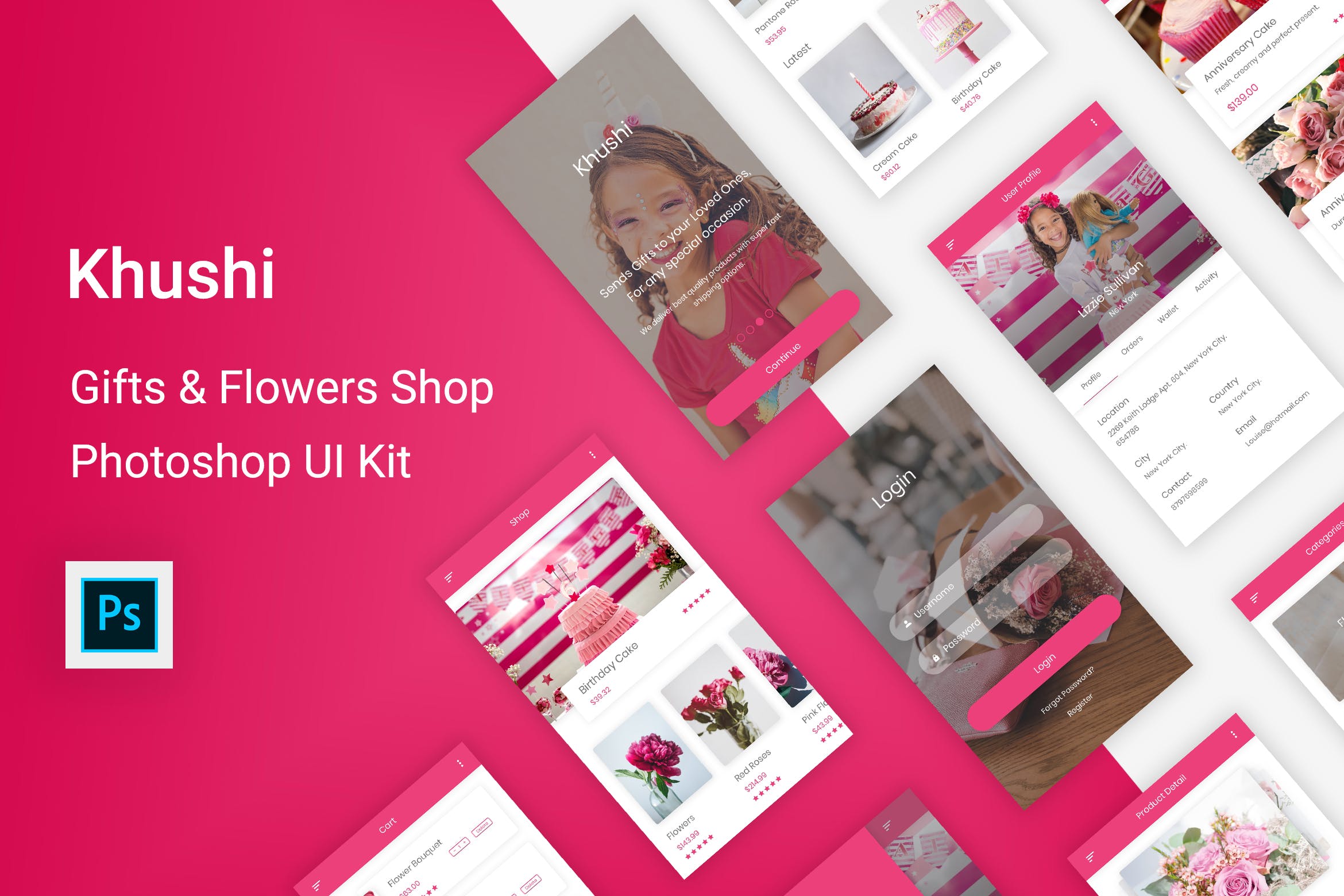 礼品&鲜花预订APP应用UI设计套件PSD模板 Khushi – Gifts & Flowers Shop UI Kit (Photoshop)插图