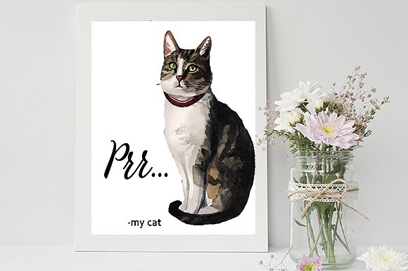 手绘水彩猫咪素材剪贴画合集 Watercolor Cat Illustration Clipart插图5