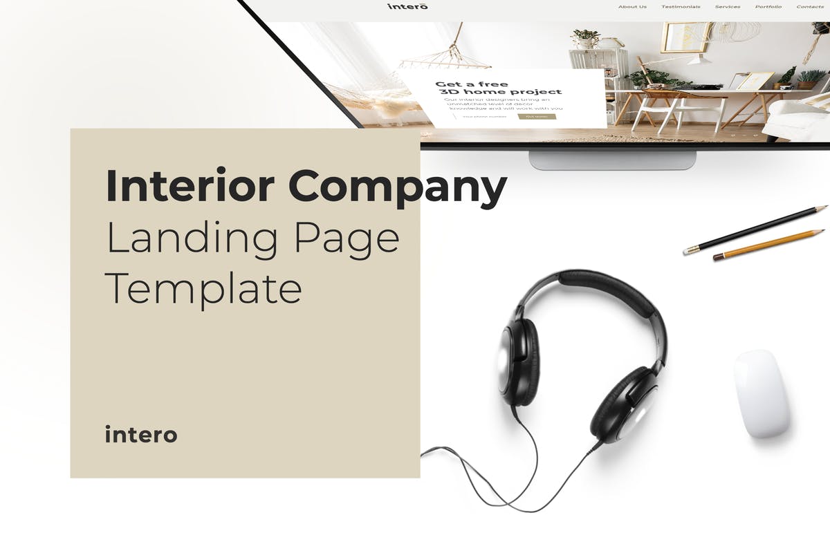 室内装修设计公司网站着陆页设计PSD模板 Intero – Interior Company Landing Page Template插图