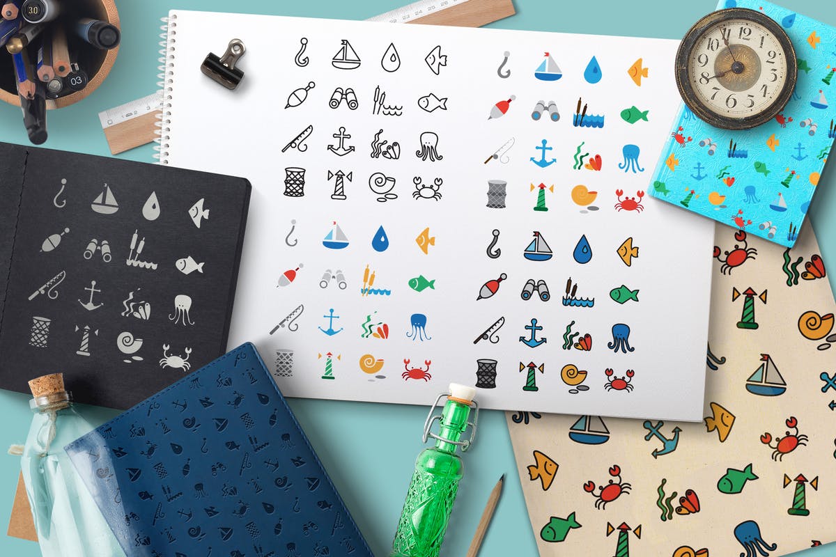 海洋主题图标＆图案背景纹理 Sea Icons and Patterns Set插图