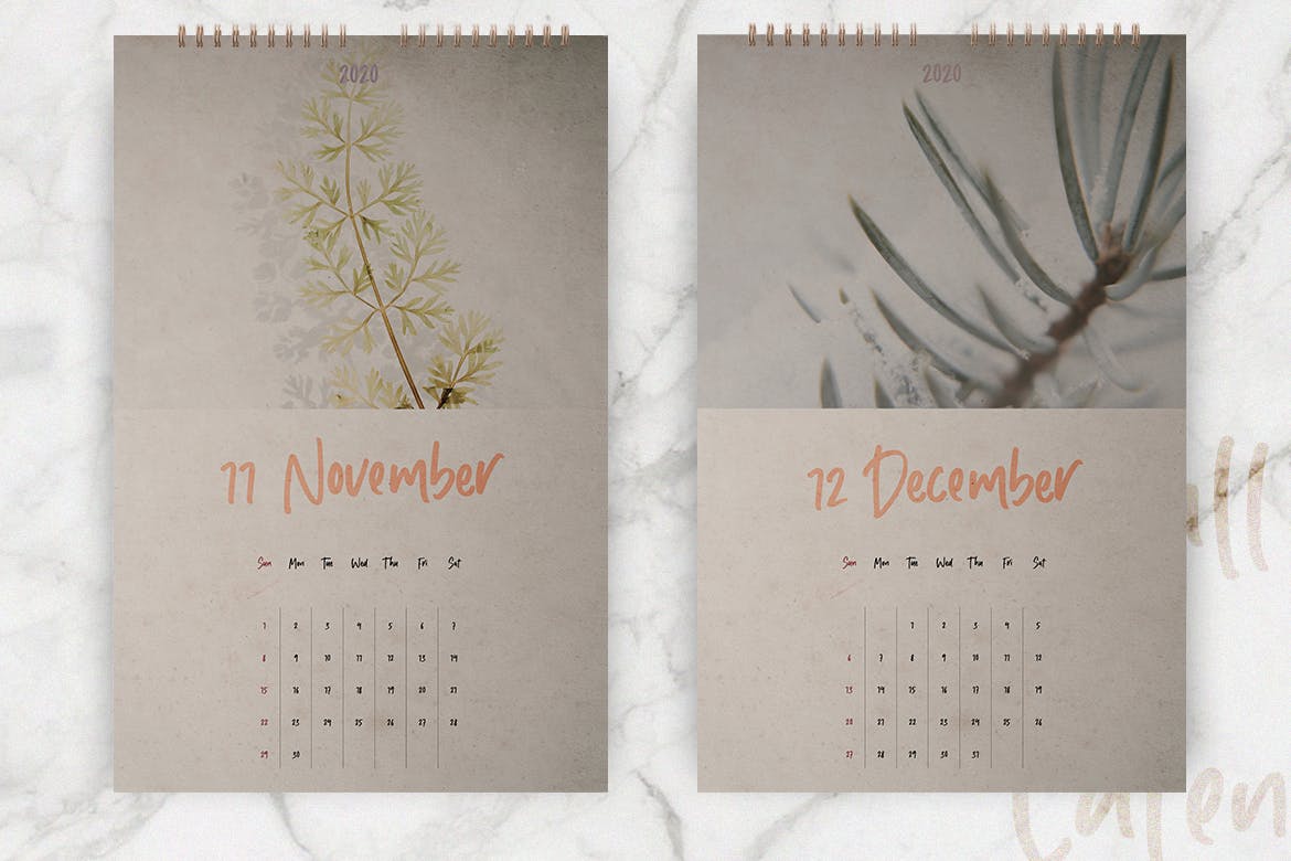 2020年植物花卉图案挂墙日历设计模板 Wall Calendar 2020 Layout插图6