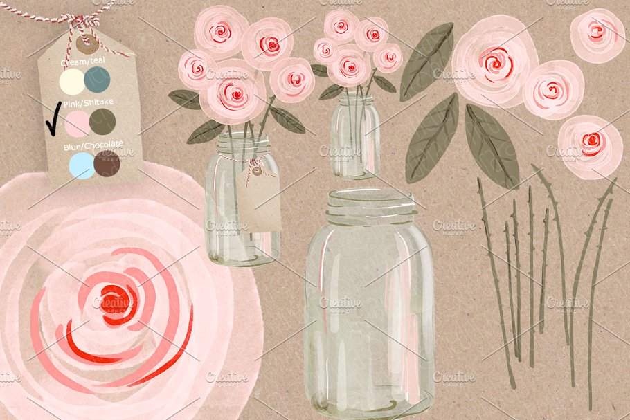 奶油玫瑰梅森罐水彩剪贴画 Watercolor cream roses mason jar插图3