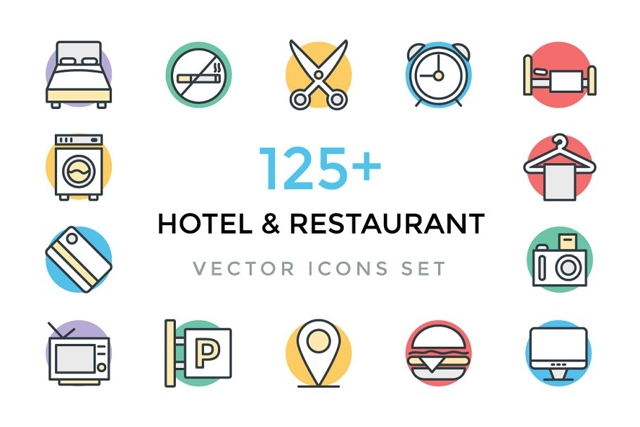 125+饭馆酒店专题粗线条彩绘图标 125+ Hotel and Restaurant Icons插图