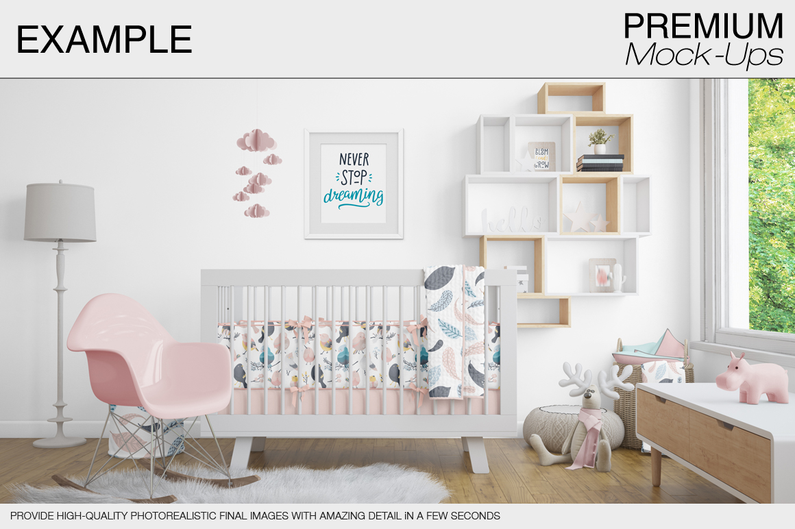高品质的婴儿床 & 90个相框展示样机下载 Nursery Crib Wall & 90 Frames [psd]插图(4)