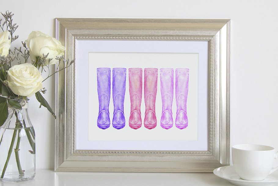 水彩胶靴长筒雨靴剪贴画 Watercolor Rubber Boots, Wellies插图(6)