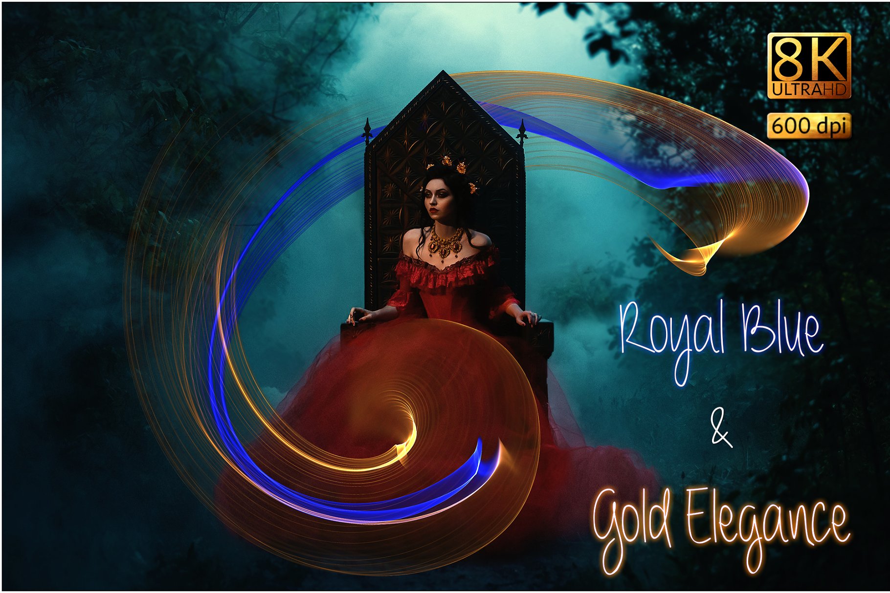 8K高分辨率皇家蓝&典雅金奇幻光线叠层背景 Royal Blue & Gold Elegance插图
