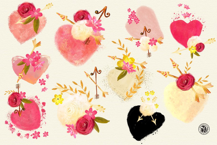 彩色粉笔画心形手绘插画 Pastel Hearts插图(4)