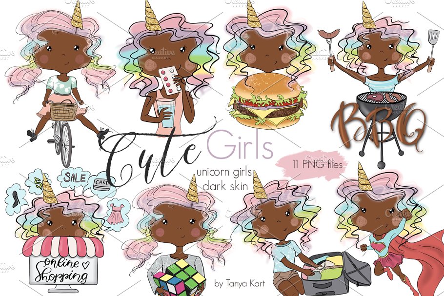 可爱女孩和独角兽女孩卡通形象插画 Cute Girls & Unicorn Girl Collection插图(6)